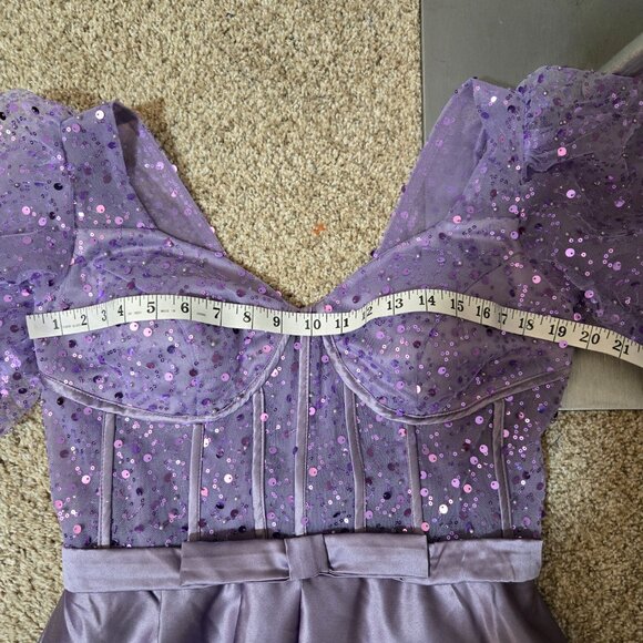 Sz 14 Unbranded Light Purple/Lavender Sequin Tulle & Satin Puff Long Sleeve Gown - Picture 9 of 13